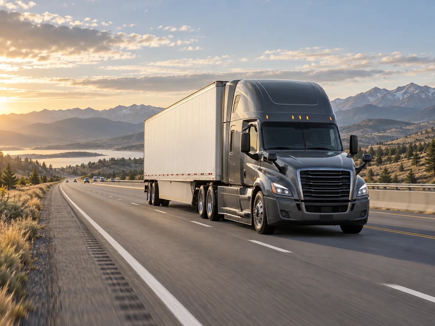 A commercial truck traveling on a mountain highway